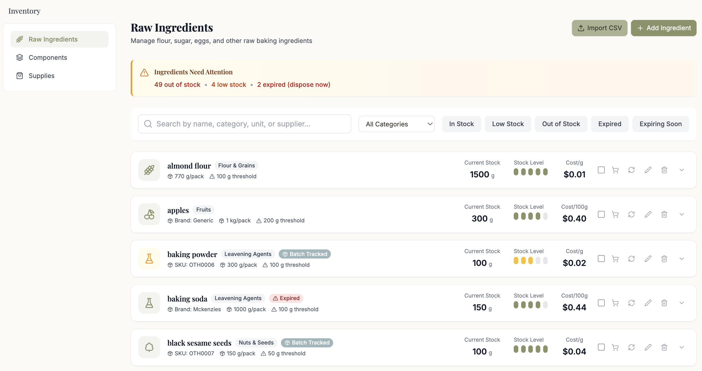 Bakerflow inventory alerts showing low stock and expiry warnings