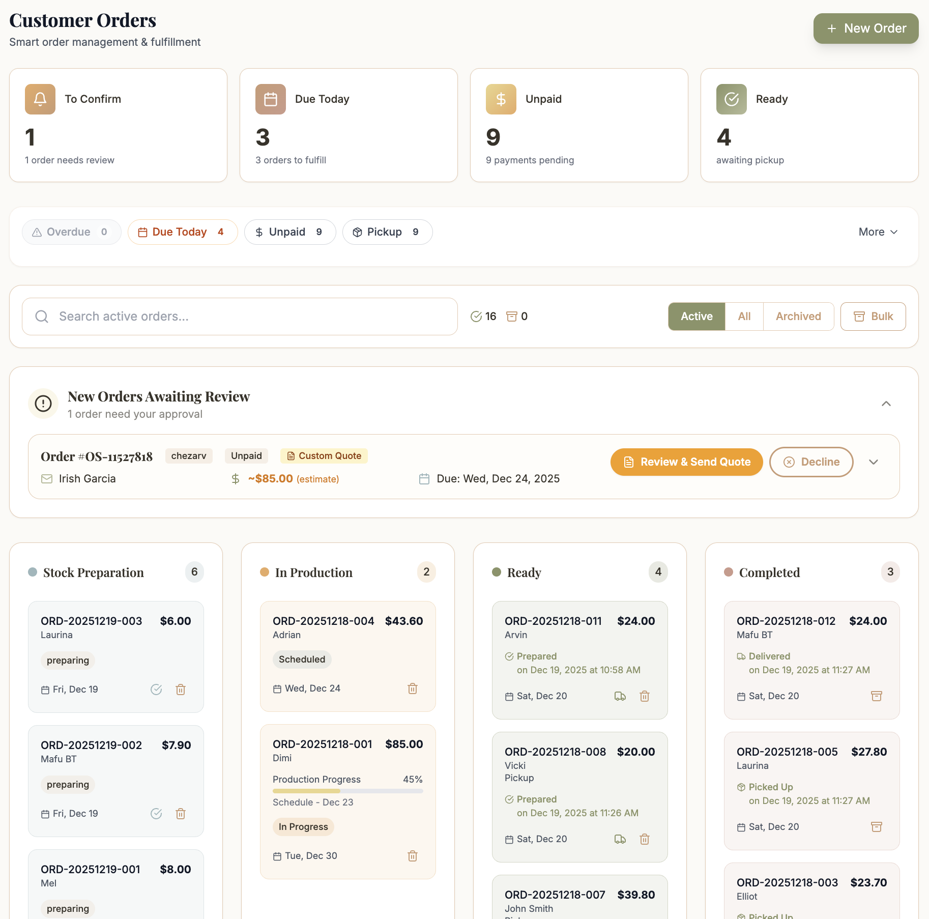 Bakerflow order manager showing incoming orders